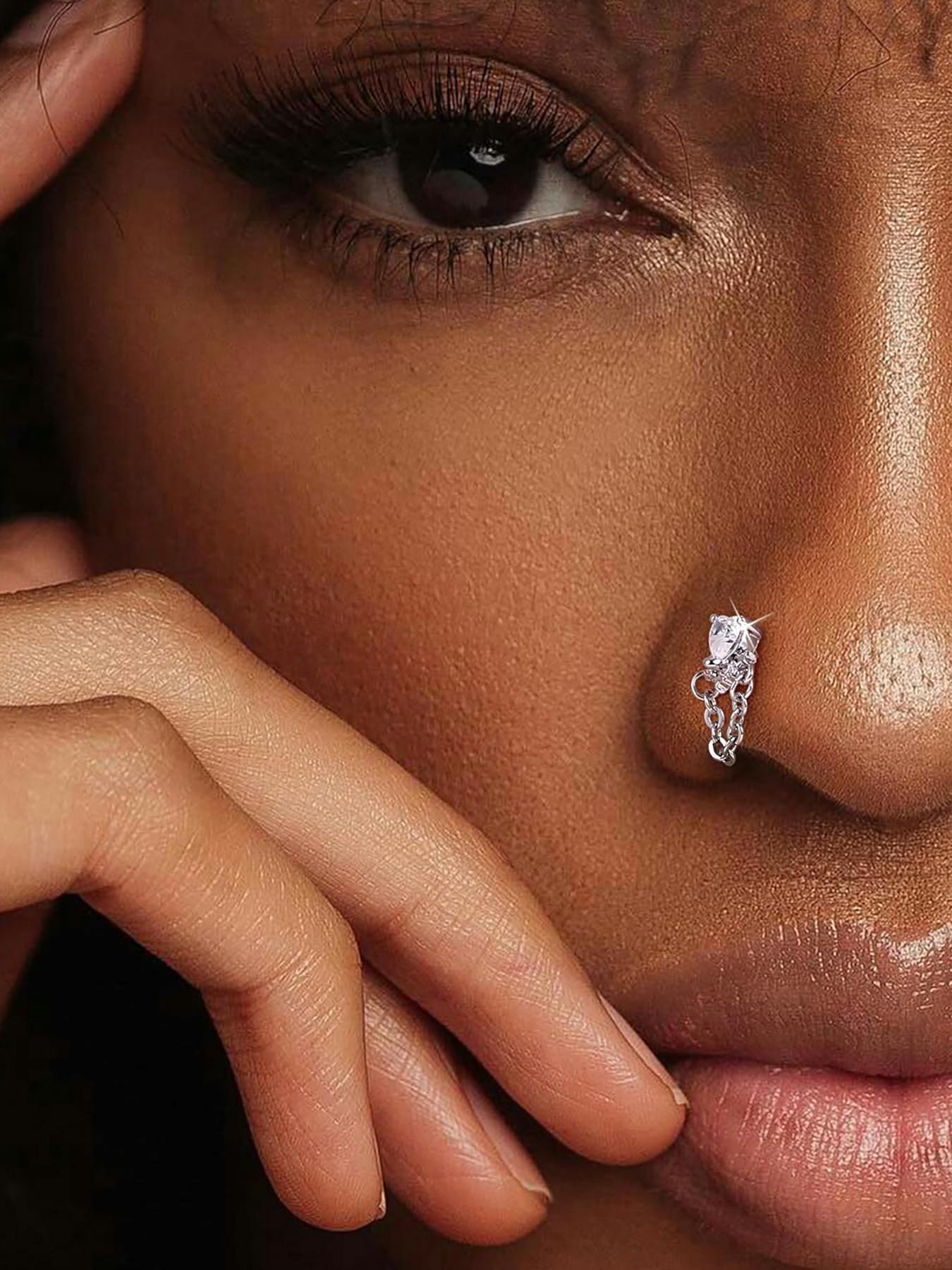 L Shaped Nose Ring, Stainless Steel Nose Studs Ring, Dangle CZ Butterfly Flower Nose Studs Hoops Piercings Jewelry Gift for Women Men, Nose Piercings Kit