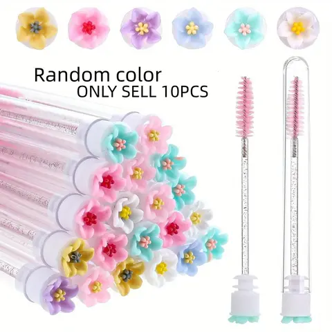 10pcs Makeup Cosmetic Mascara Wand Set, Cosmetics Accessories, Makeup Tools Set, Beauty Care Tool with Floral Design, Replacement Spoolie Brushes, Eyelash Extension Applicators, Polyester Bristles, ABS Plastic Handle, Unscented, Oval Brush Shape