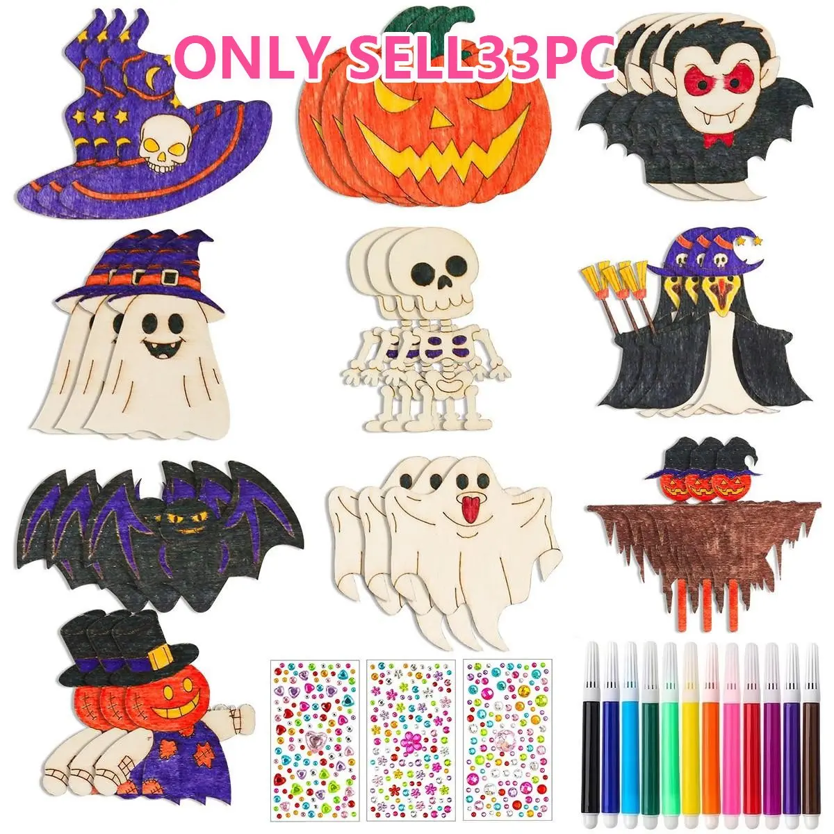 20pcs Wooden Pumpkin Ghost Vampire Halloween Craft Kit, DIY Coloring Set, Hanging Decorations, Includes Markers and Stickers, Perfect for Parties and Gifts