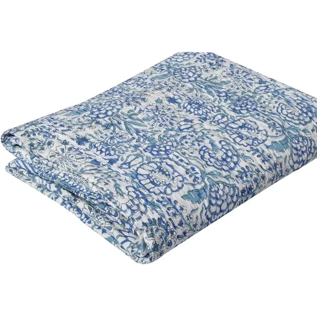 Indian Hand Block Print Kantha Quilt Cotton Throw Blanket Bedspread Queen Size (White, 90 X 108 Inch)
