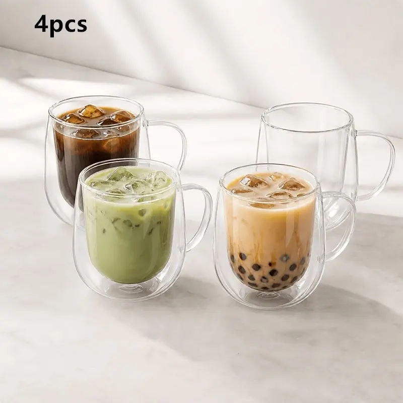 4-Pack Glass Coffee Cups, Transparent Clear Glass Mugs with Handles, Mug Set, Drinkware, Ideal for Hot Drinks, Perfect Gift for Birthdays, Thanksgiving, Christmas