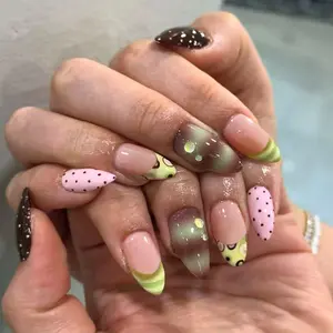 24pcs Almond Press-On Nails, Striped & Polka Dot Designs, 3D Gel Water Beads, Includes Jelly Glue & Nail File, Medium Length