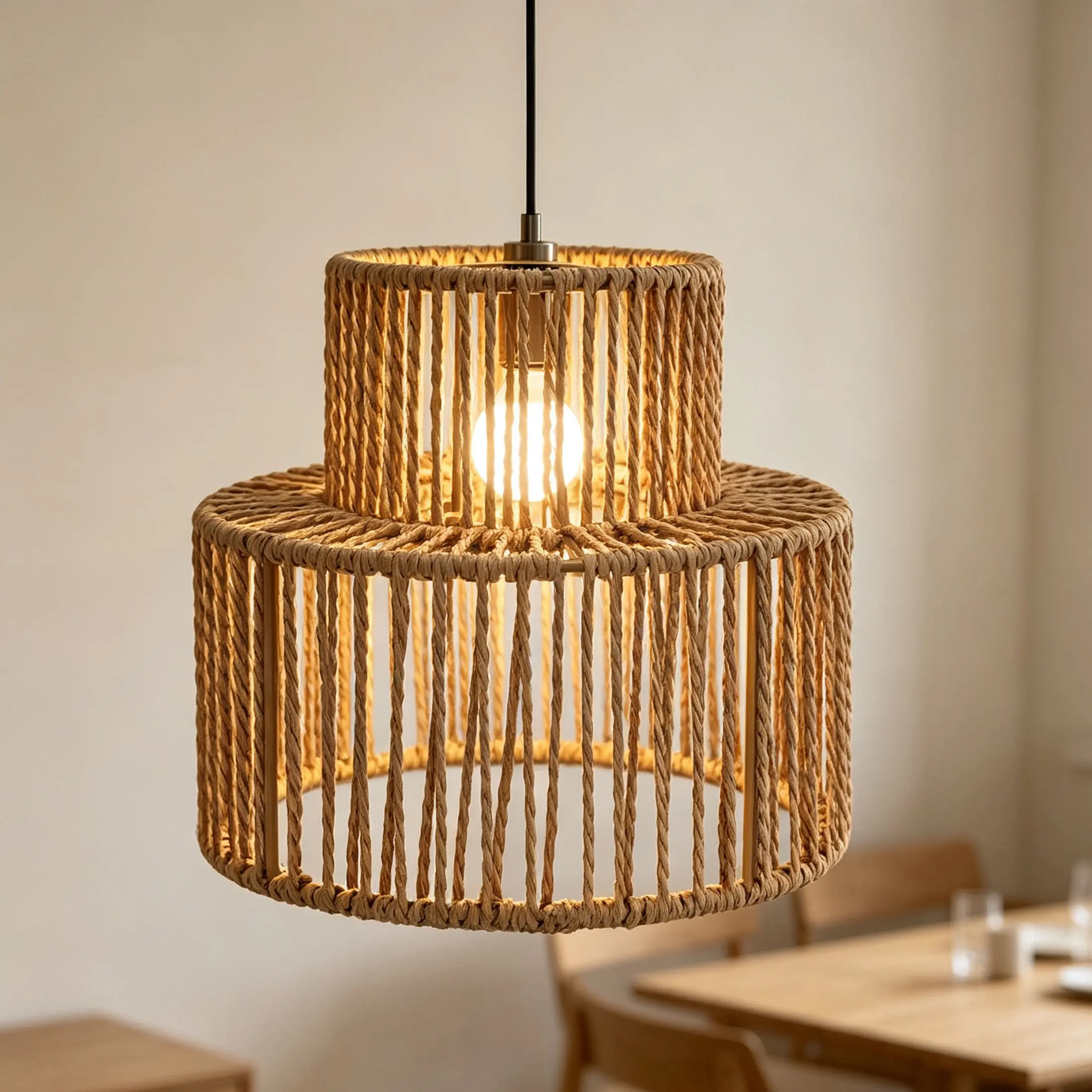 Double-Layer Paper Rope Handmade Decorative Pendant Light Shade, Wabi-Sabi Japanese Style, Vintage Paper Weave Dining Table Lamp Cover
