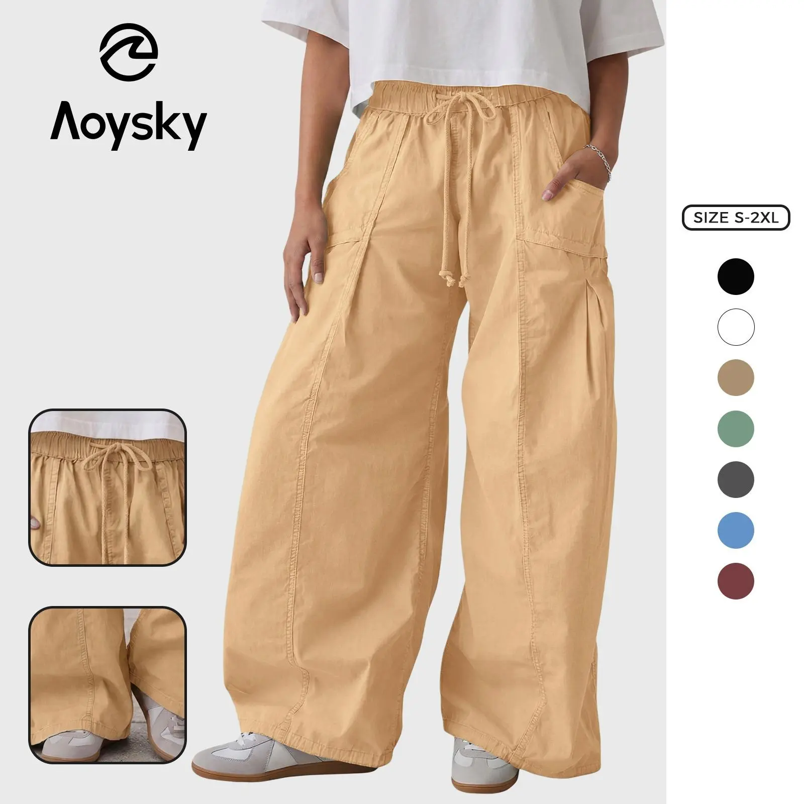 Aoysky Women's Oversized Baggy Cotton Cargo Pants, Wide Leg Casual Bottoms with Adjustable High Waist for Lounge Wear,back to school shopping, Loose