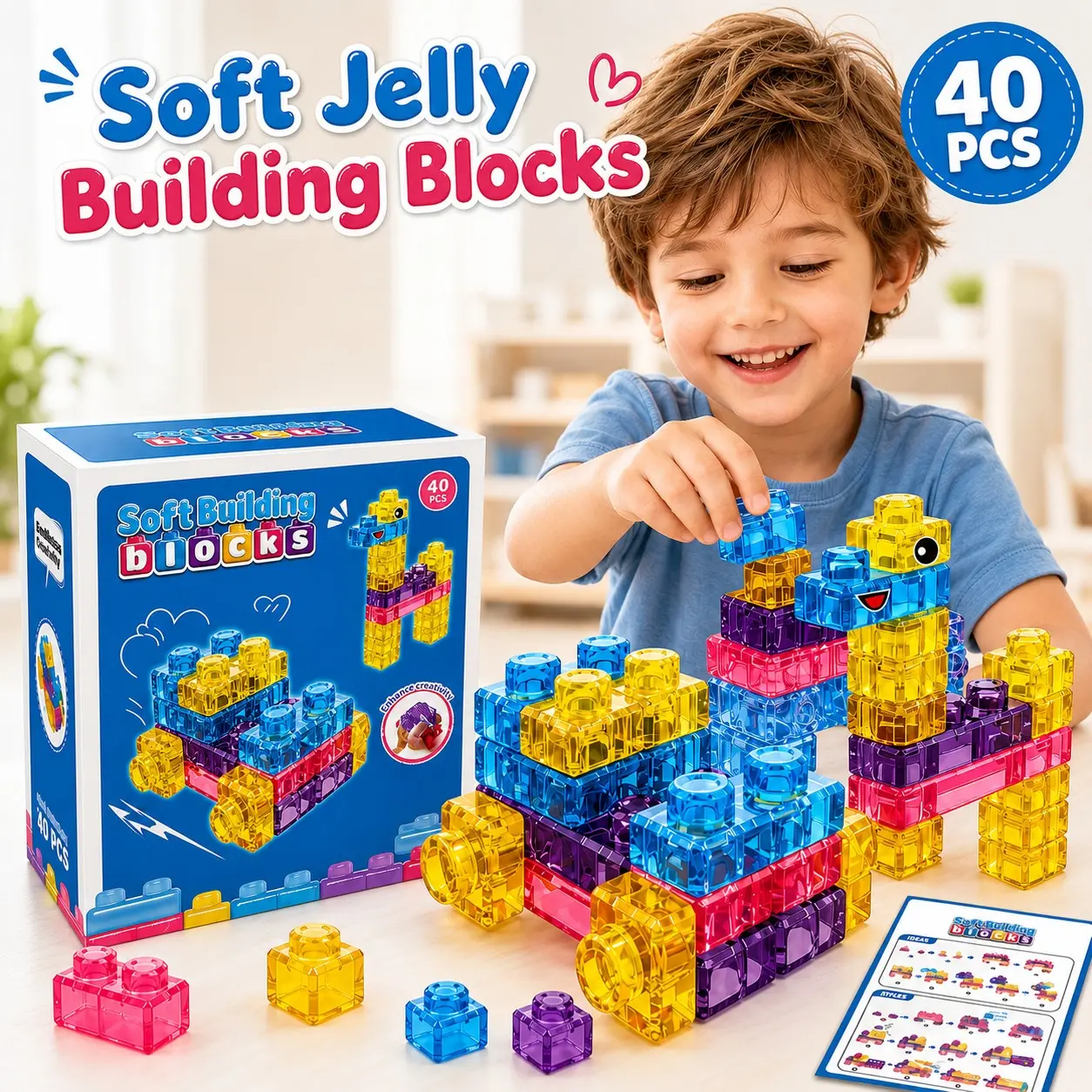 40PCS Soft Jelly Building Blocks for Kids, Transparent Sensory Stacking Toys, Soft Construction Blocks, STEM Educational Building Toys for Toddlers Boys Girls Ages 3-6
