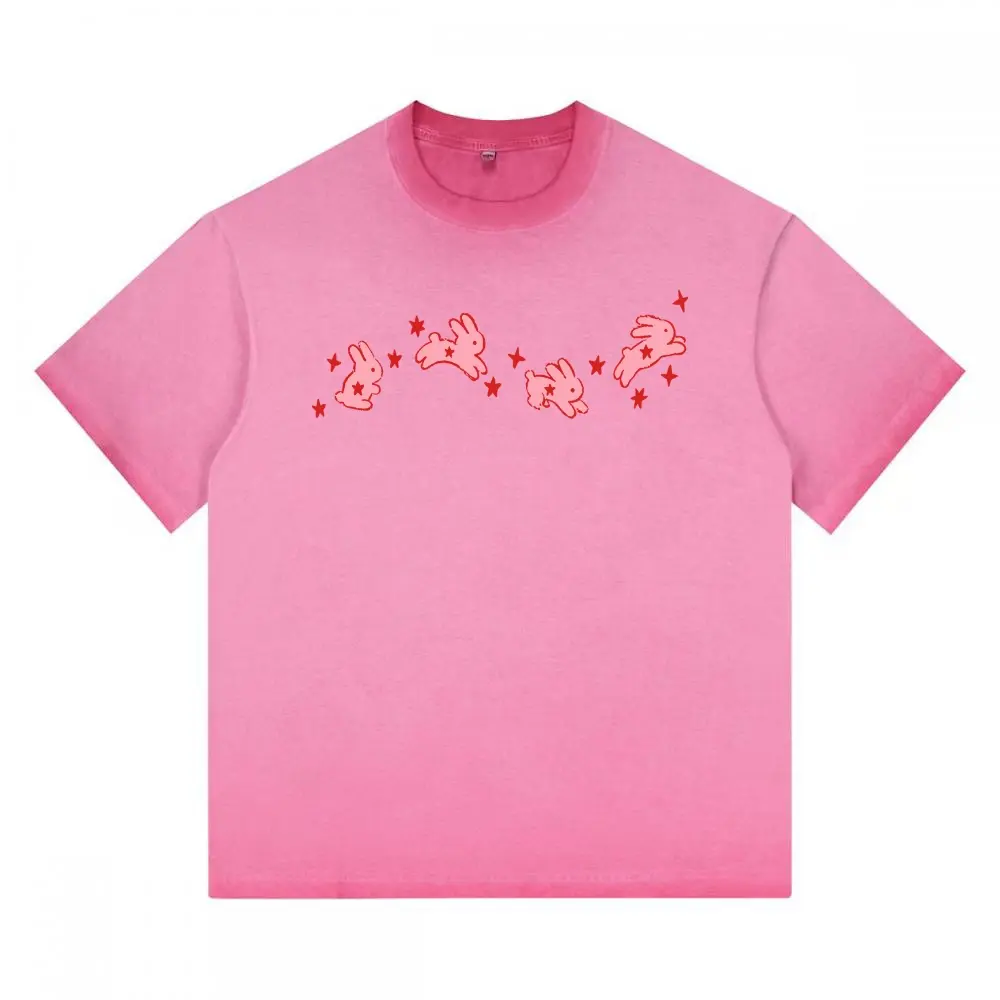 Four Jumping Bunny Star Line Vintage Washed Tee Unisex Graphict Gradient Washed T-Shirt Personalized Pattern Y2k Clothing Round Neck Gradient Washed T-Shirt,Women's Clothing 100% Cotton, Menswear, Top, Vintage Style,Summer Casual Oversized