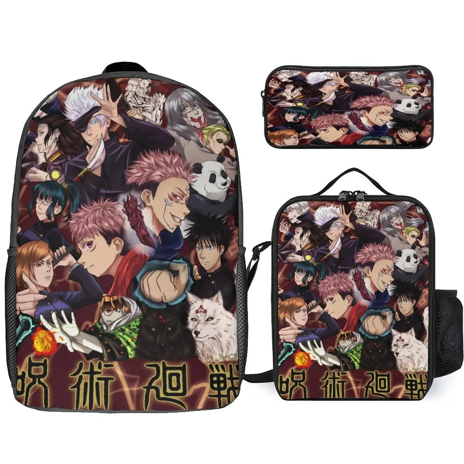 Jujutsu Kaisen Character Backpack Set, 3-Piece Novelty Graphic School Bag with Insulated Lunch Box & Pencil Case for Kids Teens, Back to School, Back To School Haul, Anime Manga Backpacks