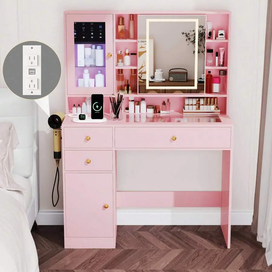 Vanity Desk With Mirror And Lights, Glass Top Vanity Mirror With Lights Desk And Cabinet & Jewellery, Makeup Vanity Desk With Charging Station Dressing Table Bedroom