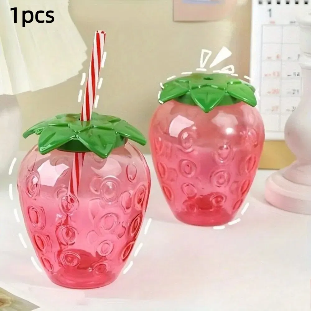 2 Cute Transparent Strawberry Travel Cups with Lids and Straws, Lightweight BPA-Free Plastic, Perfect for Summer Drinks, Party Beverages