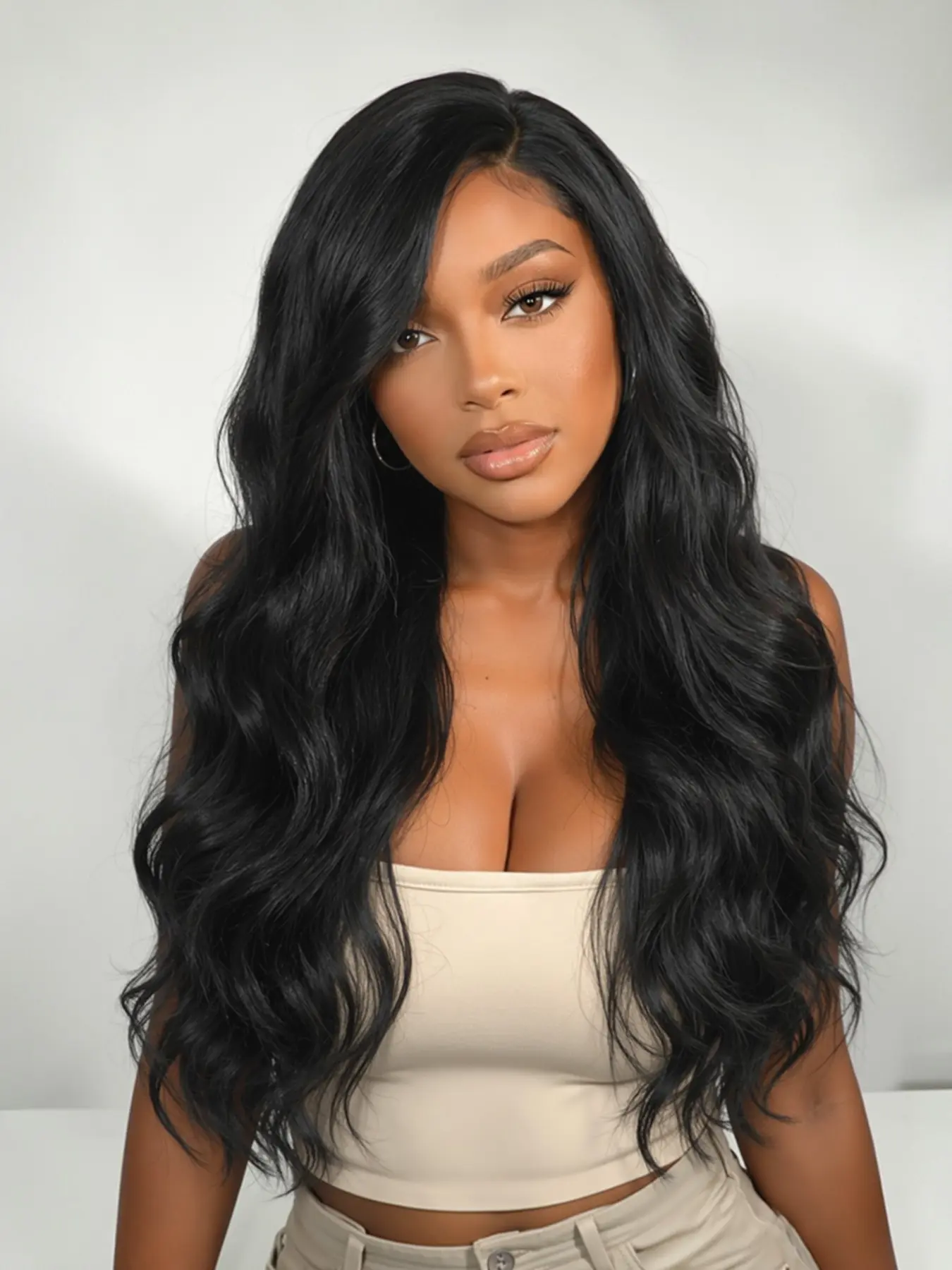 Long Black Wavy Wig For Women Side Part Lace Front Wig Lace Edge Synthetic Wig for Women Daily & Party Use