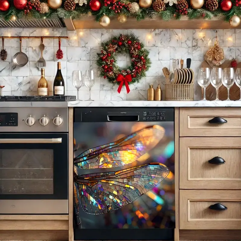 2-piece 2D flat pattern stickers, colorful dragonfly wing design, suitable for dishwasher surfaces, washing machine surfaces, refrigerators, cabinets, room doors, and also ideal for decorating bedrooms,
