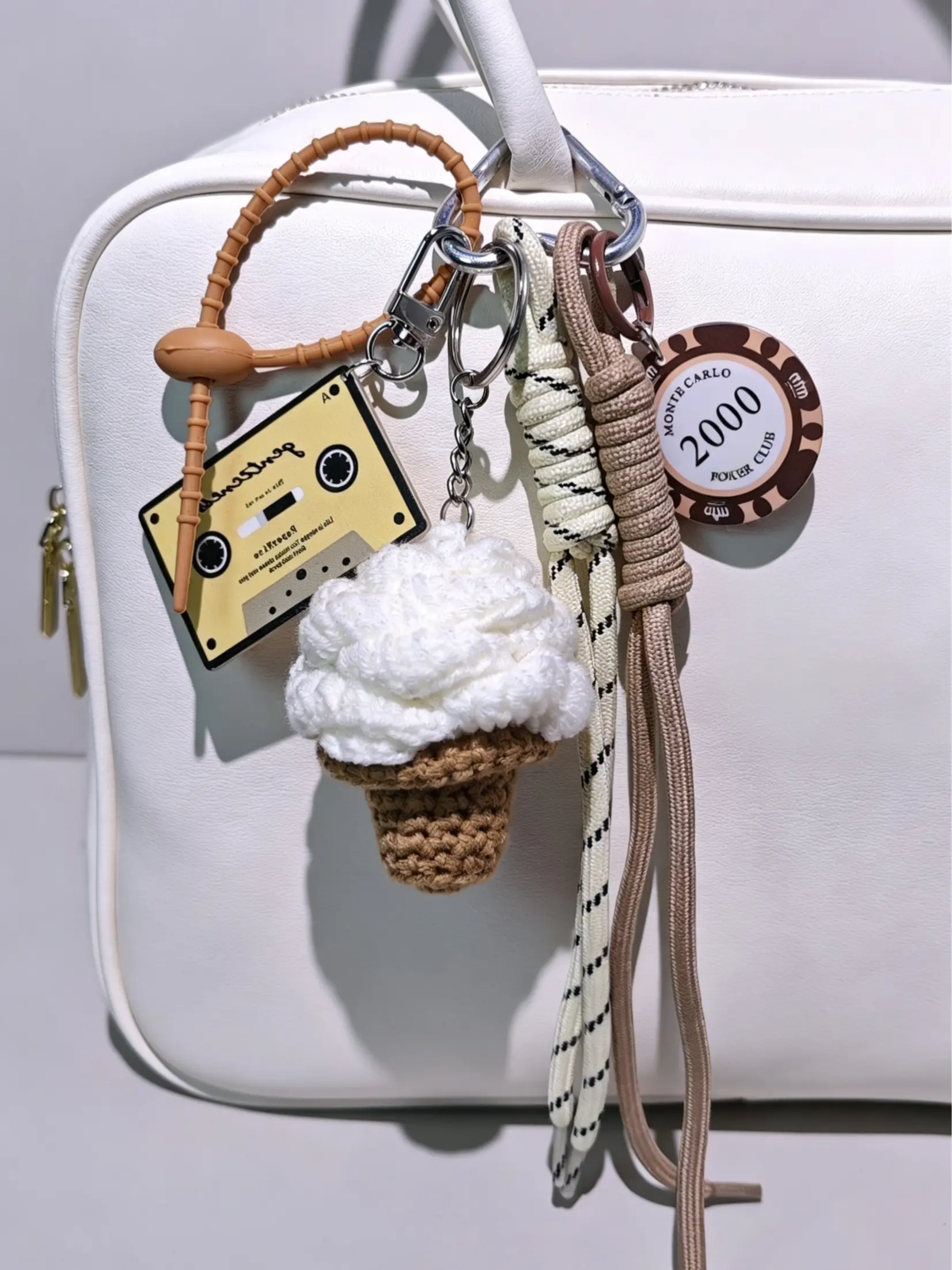 Vintage Korean Style Handmade Crochet Bag Charm, Magnetic Tape Chip Dual Tag Braided Rope Keychain, Women's Commuter Backpack Accessory