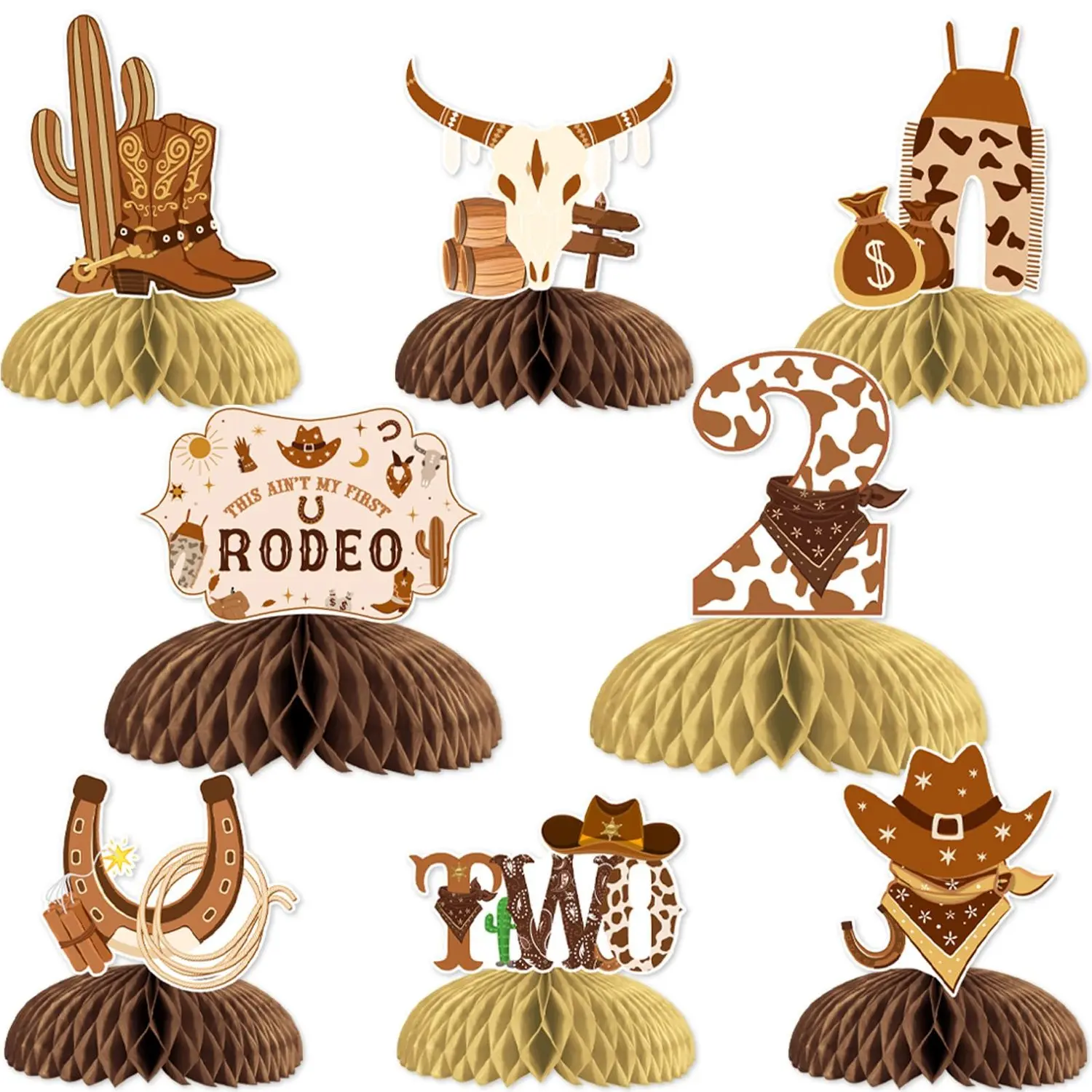 8Pcs Cowboy 2anniversary Birthday Honeycomb Centerpieces with Western Boots Cactus Hat Printed This Aint My First Rodeo Its My Second Birthday Party Decorations Supplies