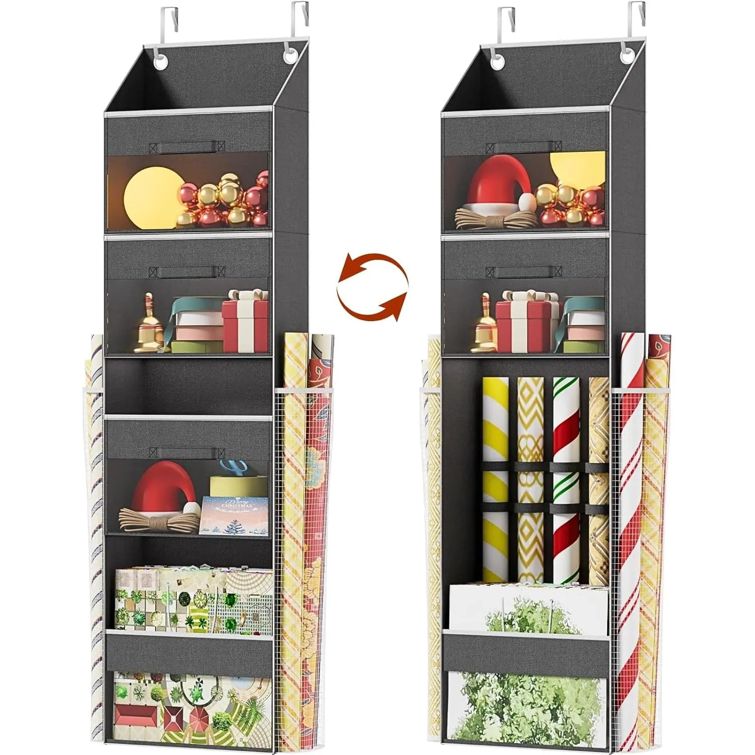Over Door Wrapping Paper Organizer Storage with 3 Removable Drawers & Side Pockets – Dual Use Design with Elastic Straps – Christmas Gift Wrap Storage for Ribbons, Bows, Ornament and Other Tools 1Pack