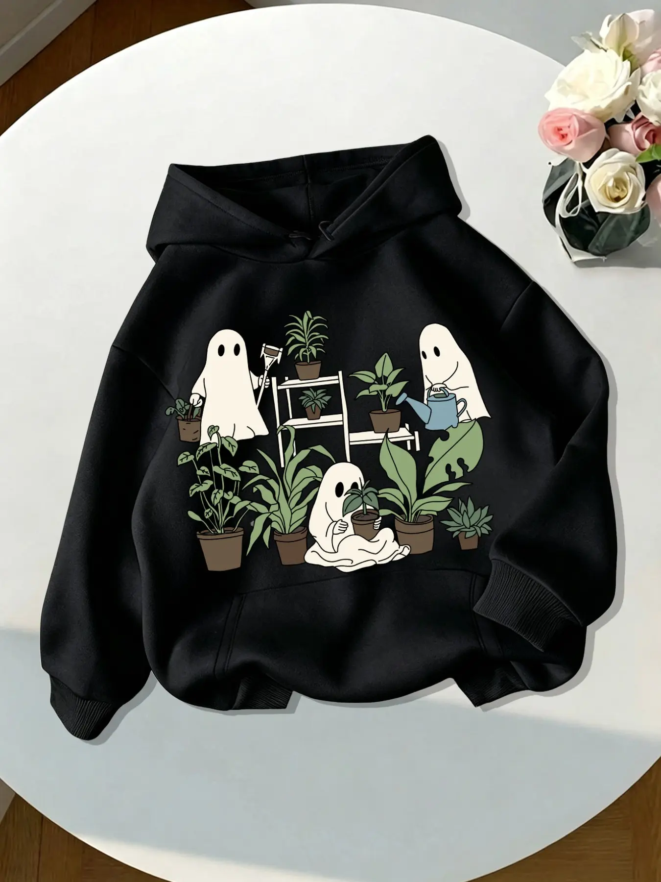 Women's Halloween Ghost Plant Graphic Hoodies, Wearable Hooded Sweatshirt, Oversized Loose Tops, Soft Fleece Lined Long Sleeve Pullover Tops, Spooky Season Plant Lover Hooded Sweatshirt, Outfit For Gardening Plant Enthusiasts