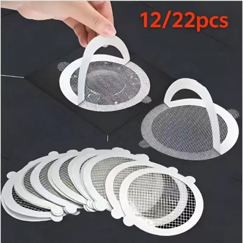 12/22pcs disposable bathroom floor drain hair filter mesh self-adhesive shower drain hair interception mesh circular floor drain hair collection patch bathroom sewer hair filter replacement gasket Modern Bathroom Accessory