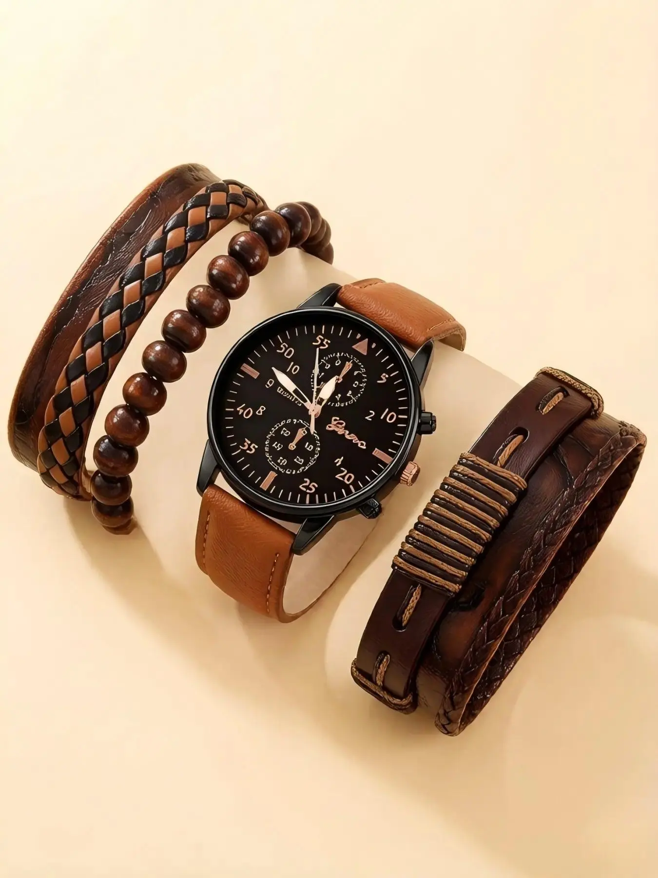 Men's Business Round Dial Analog Quartz Watch & Bracelet Set, Vintage Watch Set for Party, Daily Clothing Decor, Trendy All-match & Exquisite Watch Set for Birthday Gift, Business Fashion Watches