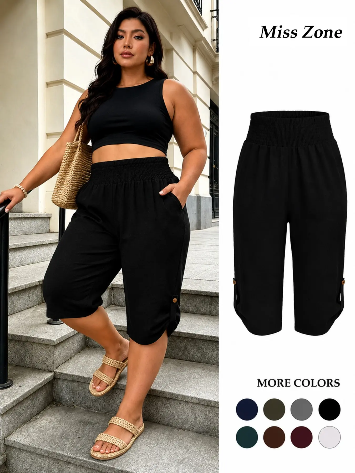 Plus Size Capri Pants for Women, Wide Leg Pull On Cropped Pants with Pockets, Loose Fit Lightweight Casual Summer Trousers, Bottom