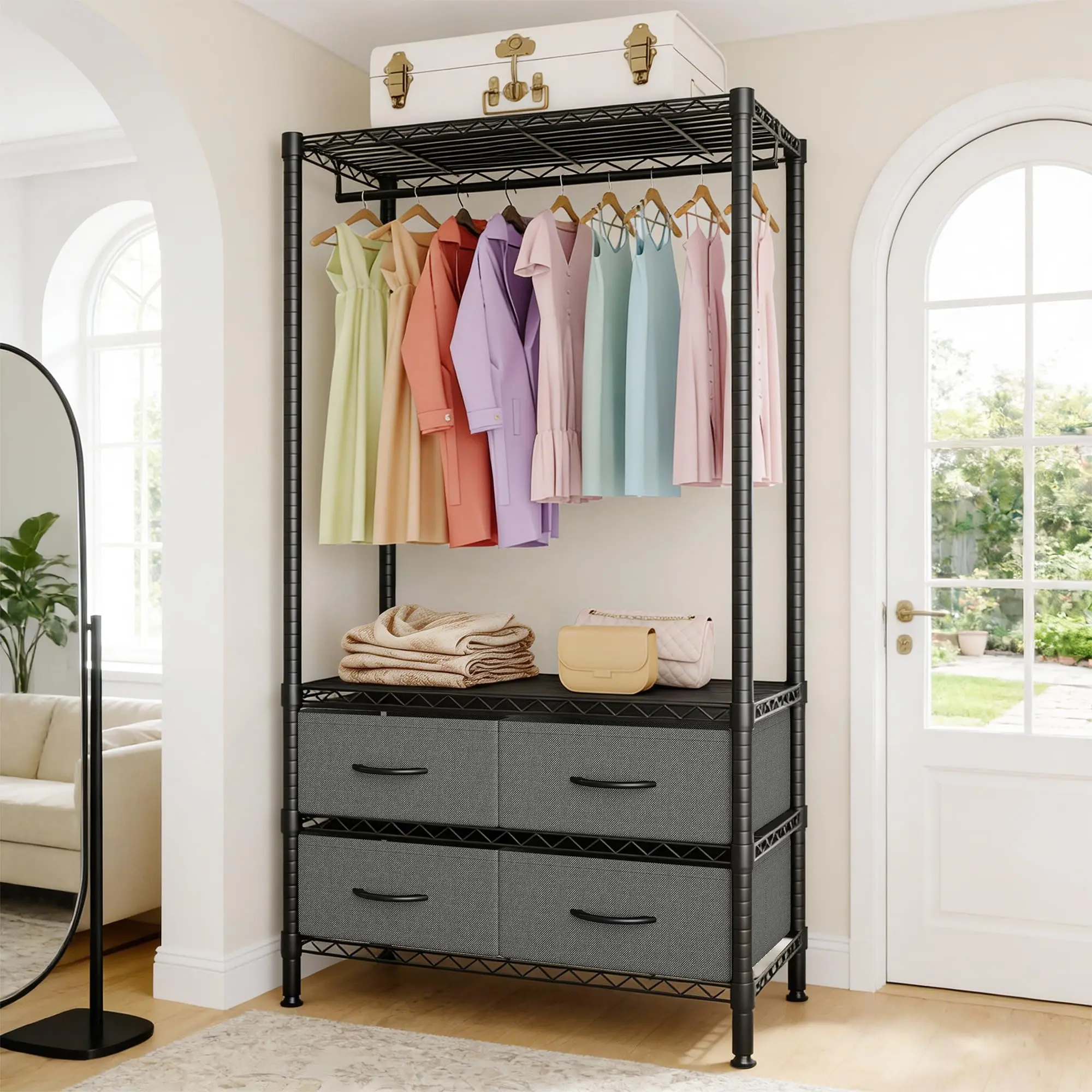 Carbon Steel Heavy Duty Floor Standing Wardrobe - Freestanding Clothes Rack with 4 Deep Drawers, Shelves, Closet Storage - High Freestanding Wardrobe Storage Unit for Bedroom, Laundry Room - 680 lbs Capacity - 35.4"L x 15.7"W x 71"H - Black