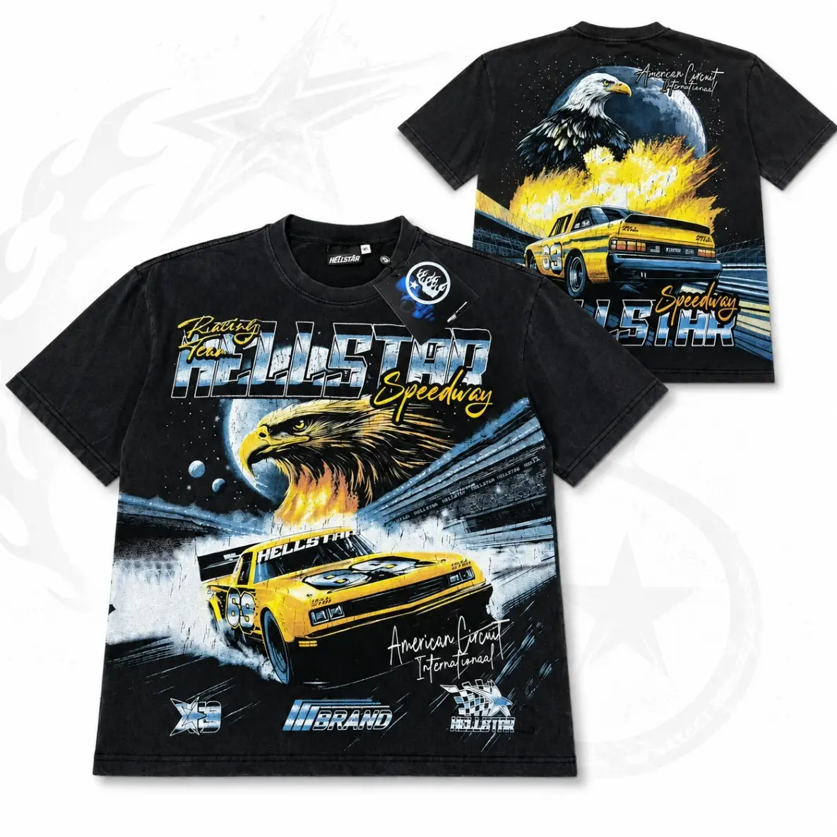 Hellstar Racing Speedway T-Shirt, Vintage American Circuit Double Sided Graphic Printed Heavy Cotton Loose Tee for Men Women, Unisex Muscle Car Casual Hip Hop Top, Trendy Washed Black Clothes