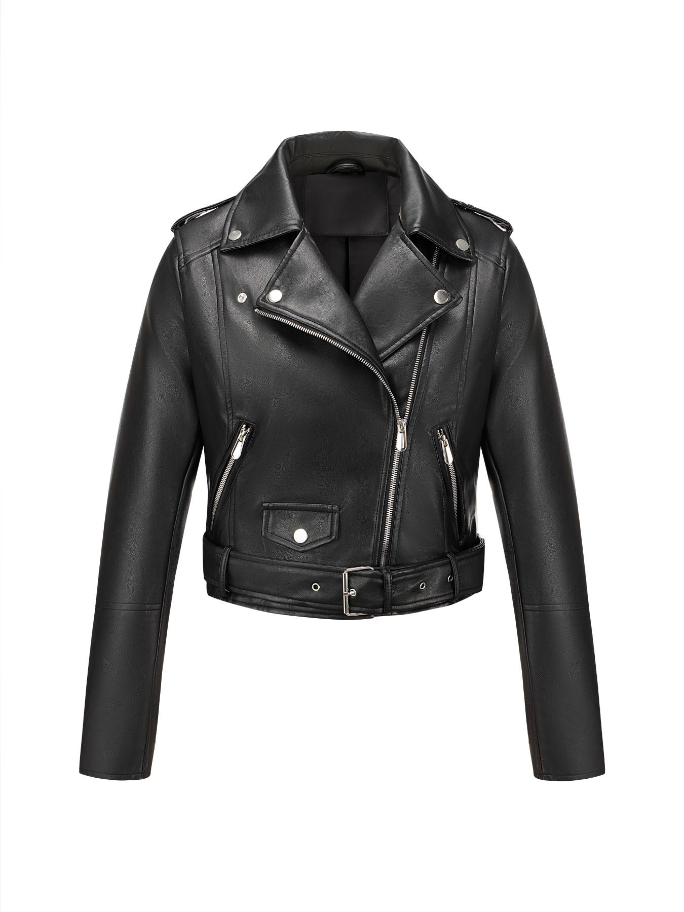 Women's Spring Jacket Vintage Street PU Coat, Fall Winter Casual Faux Leather Stand Collar Zipper Short Fitted Motorcycle Jacket with Belt