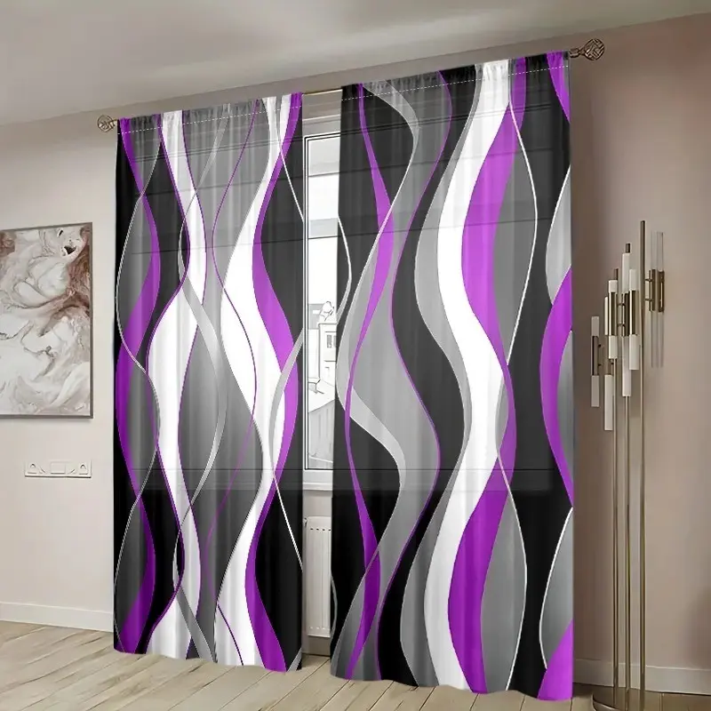 2pcs Wavy Stripe Sheer Curtains, Polyester Semi Transparent, Rod Pocket, Fade Resistant, Hand &