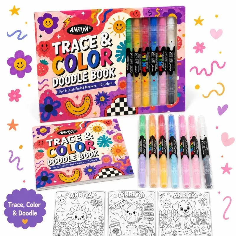Back to school shopping-ANRIYA Trace & Color Dual Tip Art Marker Set, 6 Dual Head Drawing Pens with Complimentary Doodle Coloring Book, 12 Rich Smooth Color Markers Perfect for Outlining, Sketching, Journaling, Coloring & DIY Handicraft Making