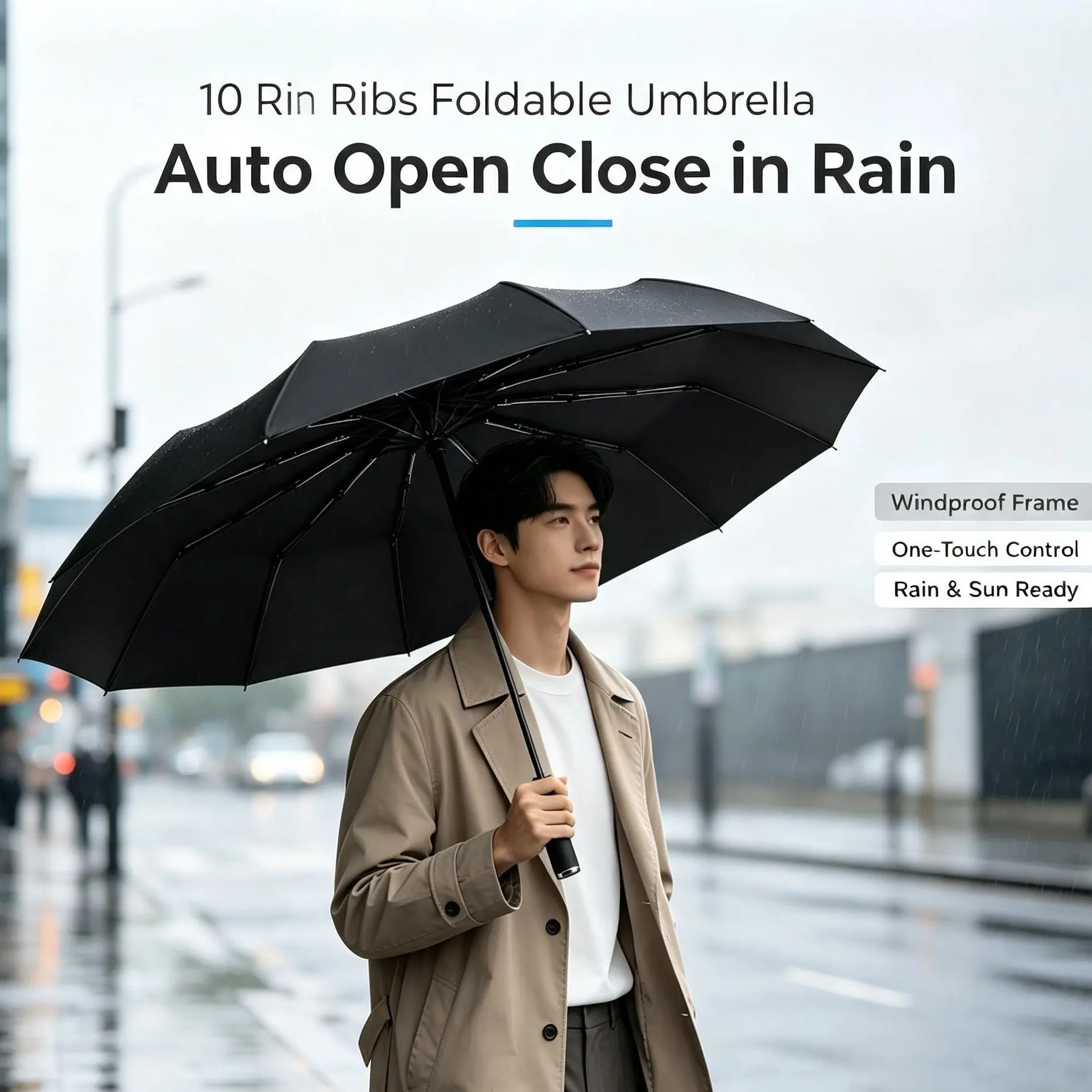 Automatic 10-Rib Business Folding Umbrella, Glue Coating, Sun-Rain Dual-Use, Waterproof & UV-Shield, 1pc, Ideal for Outdoor Use