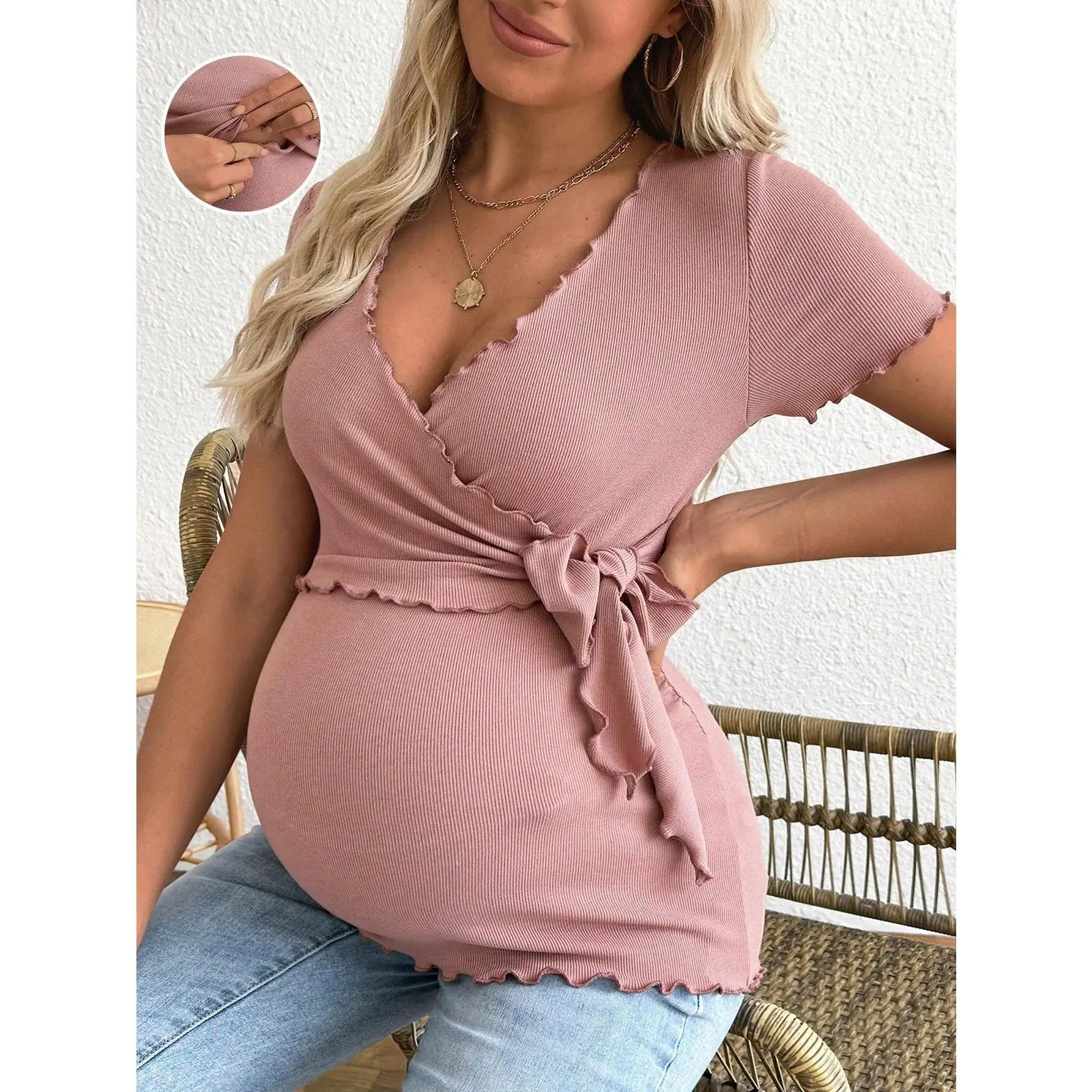 Women's Maternity Polyester Knit Dress - V-Neck, Short Sleeve, Easy Nursing Breastfeeding, Tie Waistband, Casual Fit, Summer Maternity Apparel, Nursing Breastfeeding Clothes