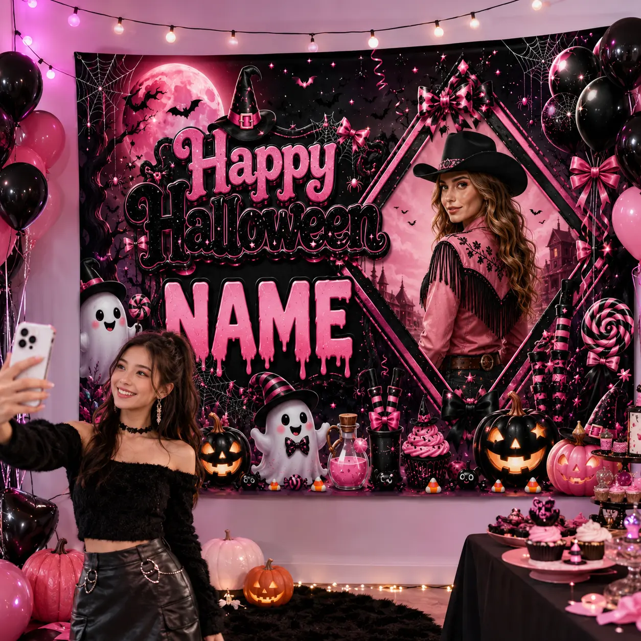 Personalized Pink Geometric Western Halloween Backdrop Banners - Custom Photo, Name, Ghosts, Pumpkins, Bows, Balloons, Candy for Wall Decor