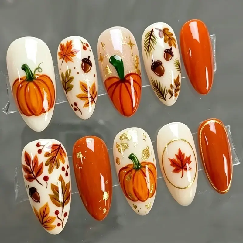 🍂🎃 [Fall Vibe Essential] Orange Pumpkin & Maple Leaf Press On Nails Almond, Thanksgiving Acorn Fake Gel Nails with Kit