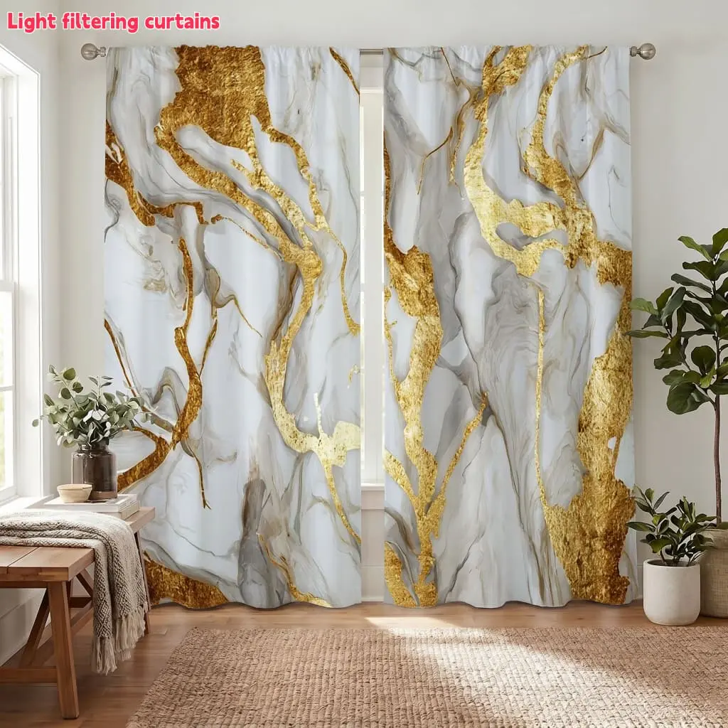 2Pcs Luxury Gold Marble Pattern Curtains, Artistic Design for Living Room Bedroom, Light Filtering and Privacy Protection, Home Decor Window Curtain
