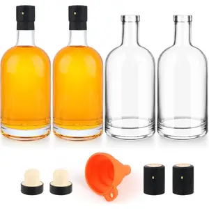 4 Pack 25oz Clear Glass Bottles with Cork Lids and PVC Shrink Capsules, 750ml Liquor Bottles with T-shaped Caps, Empty Heavy Base Wine Bottles for Wine, Whiskey, Soda, Beer, Juices, Beverages