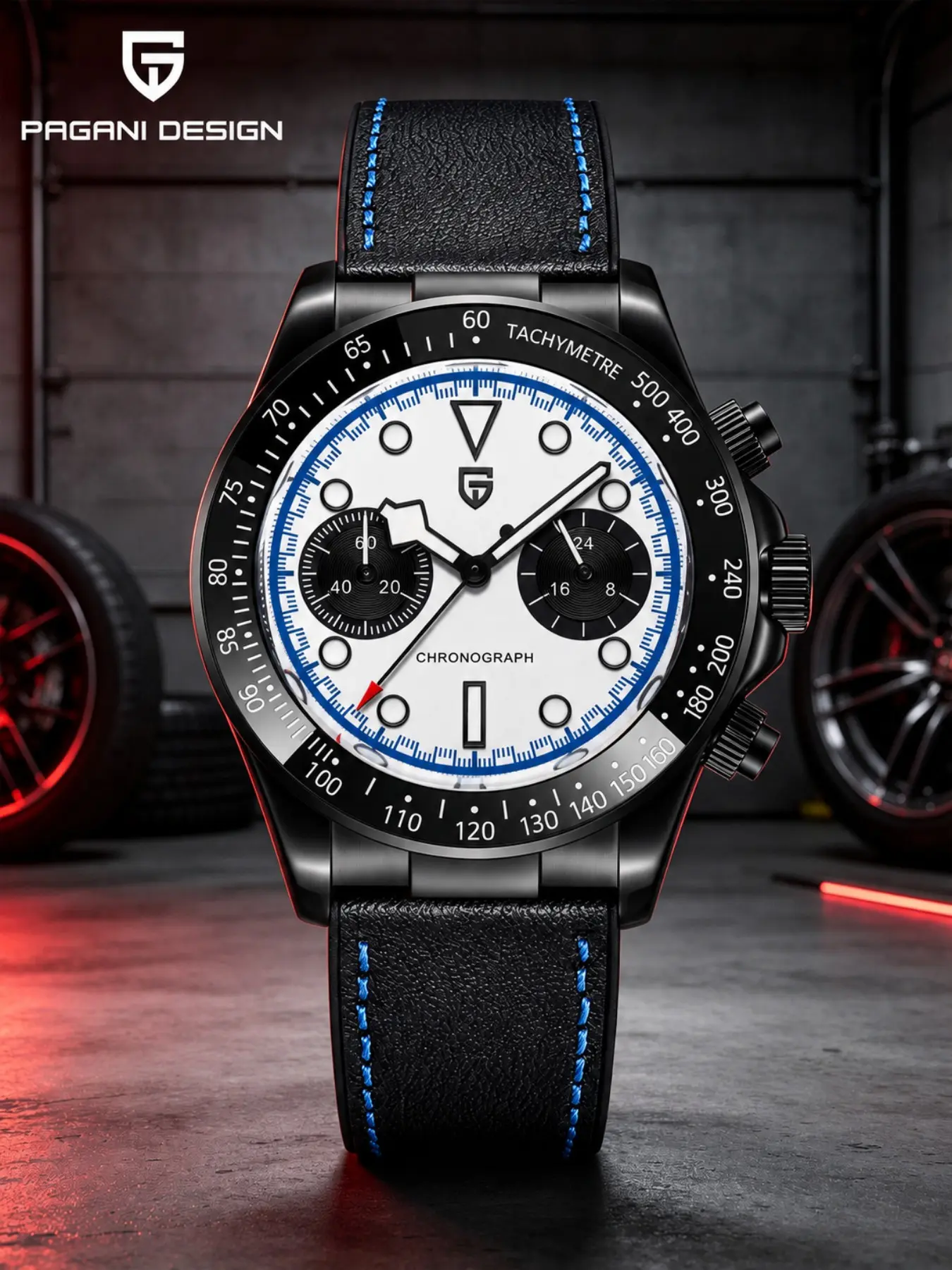 PAGANI DESIGN PD-1822 Men’s Luxury Quartz Chronograph Watch, 39.5mm Racing Sport Watch for Men, Japan TMI VK64 Movement, Synthetic Sapphire Crystal, Tachymeter Bezel, Black Strap