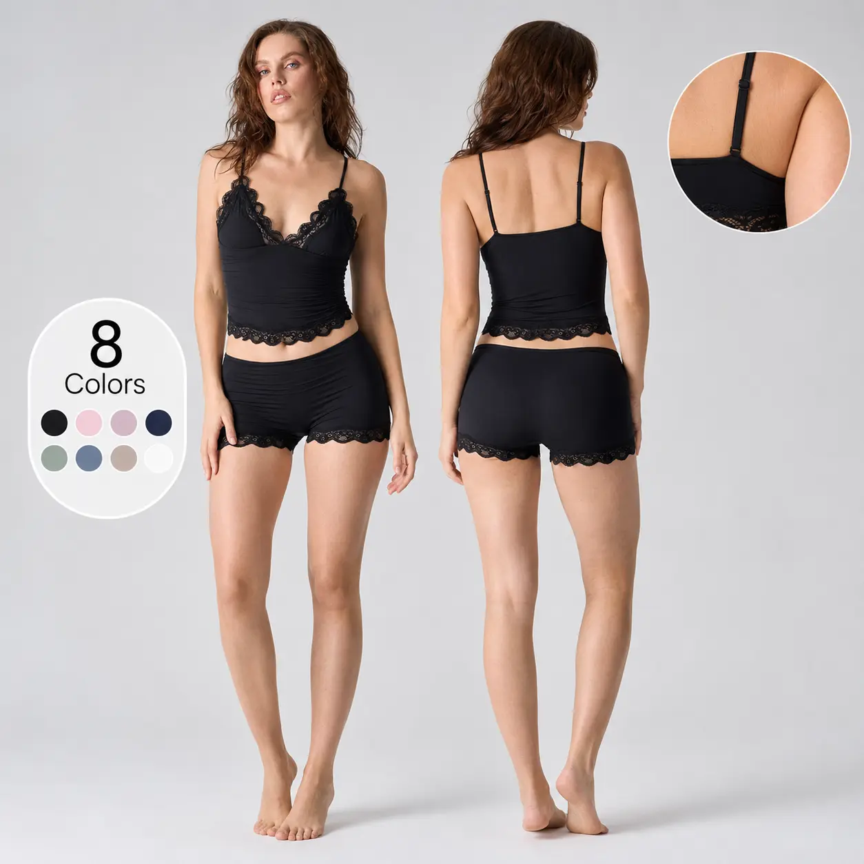 Rise Active Women’s 2-Piece Lacy Sleeveless Pajama Set - Adjustable Spaghetti Strap Cami Top, 3D Effect Lace Trim Shorts, Soft Sports Loungewear & Sleepwear PJ Sets for Women, Adjustable Straps