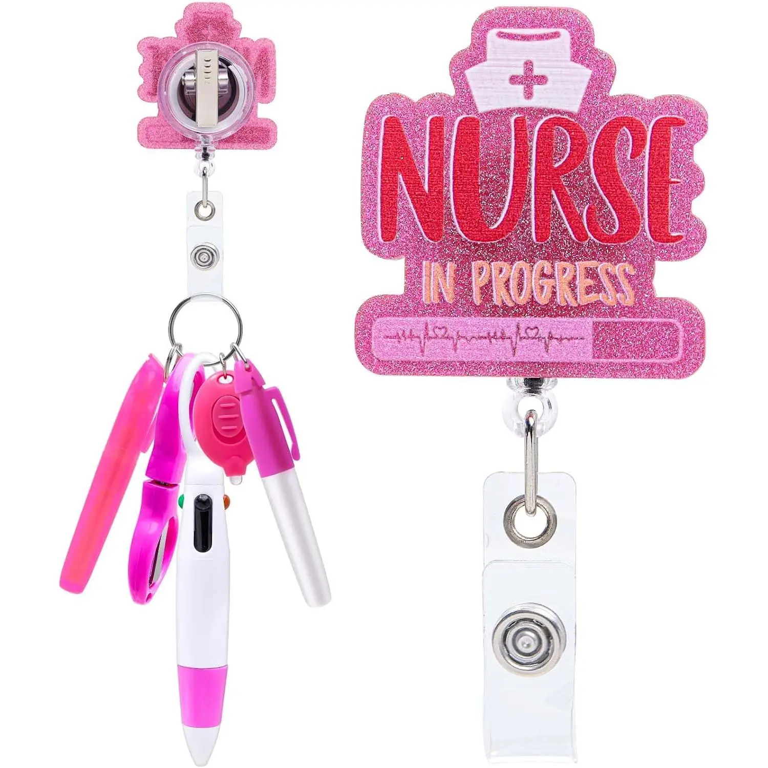 6 count Nurse Pen Set -  Badge Reel Permanent Marker Ballpoint Pen Mini Highlighter Foldable Badge  LED Flashlight  Nurse Badge Reel Accessories for Work Students ()