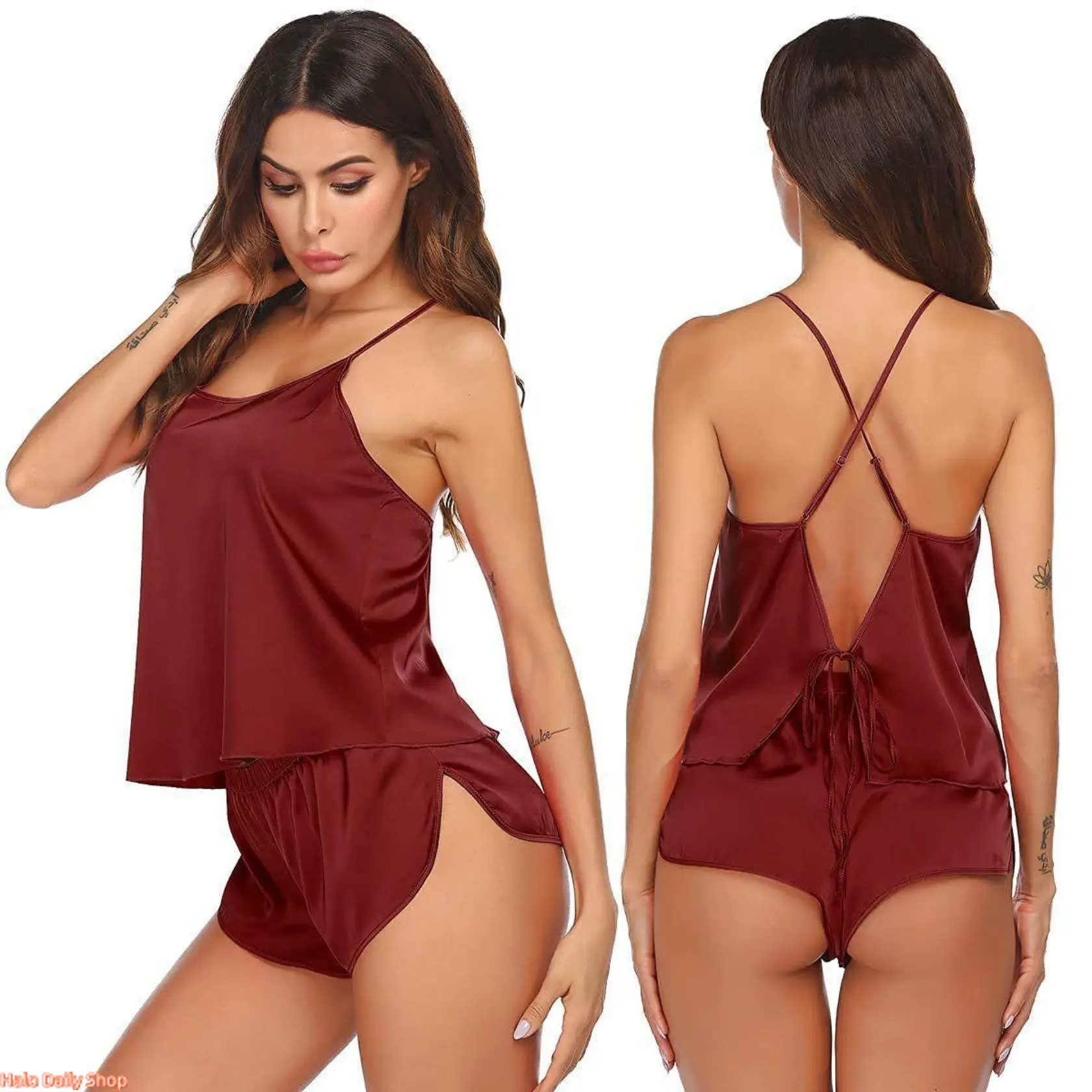 Women's 2-Piece Backless Spaghetti Strap Cami & Shorts Lingerie Set, Intimate Loungewear Sleepwear