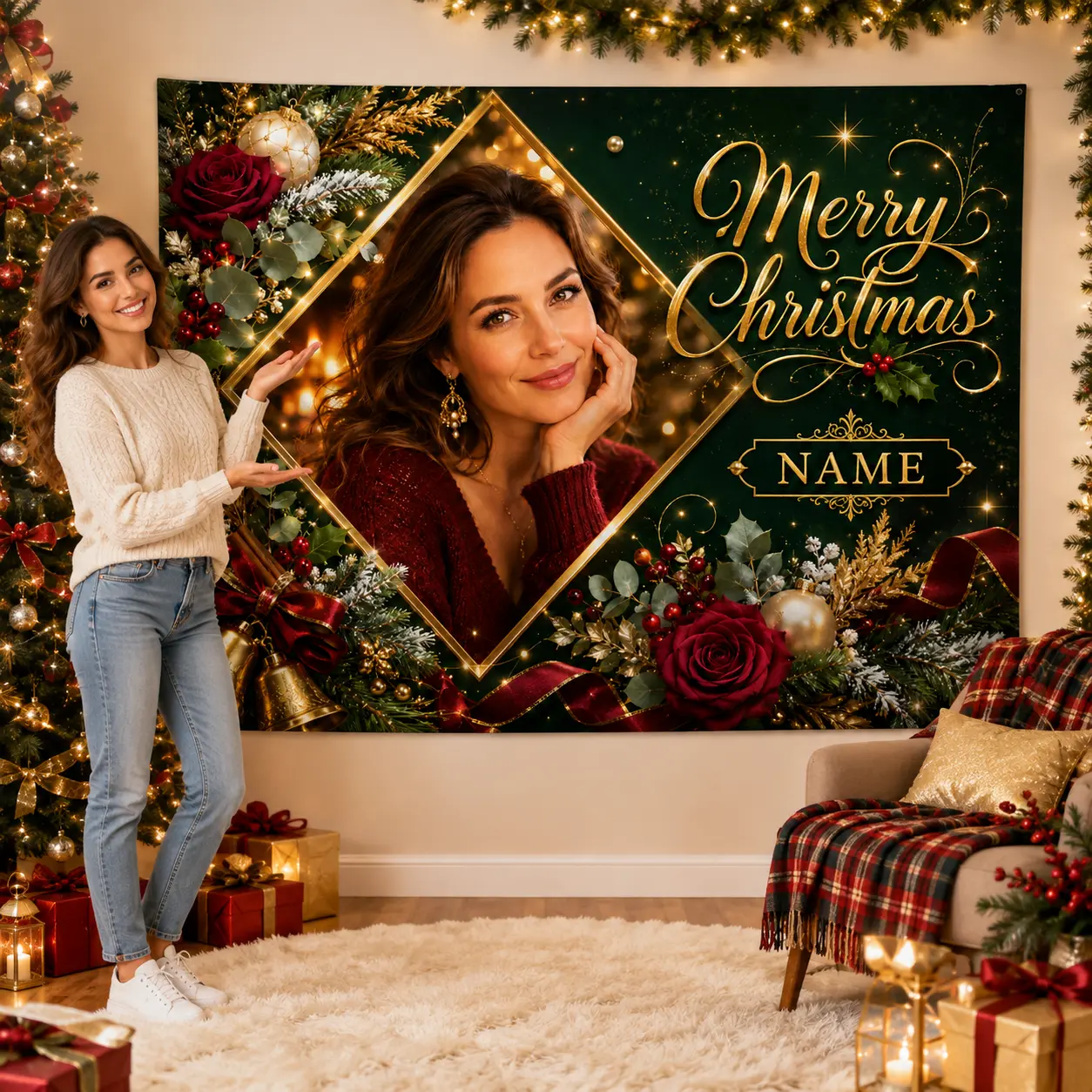 Personalized Christmas Backdrop with Photo & Name, Elegant Green Gold Holiday Decor
