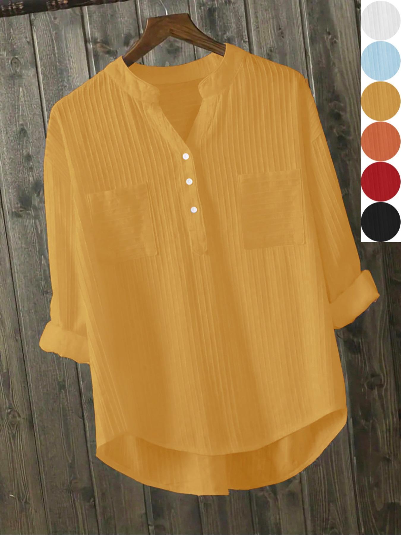 Women's Plain Button-Front High-Low Hem Shirt, Blouse, Casual Long-Sleeve Notched Neck Top for Daily Wear, Ladies Clothes for All Seasons