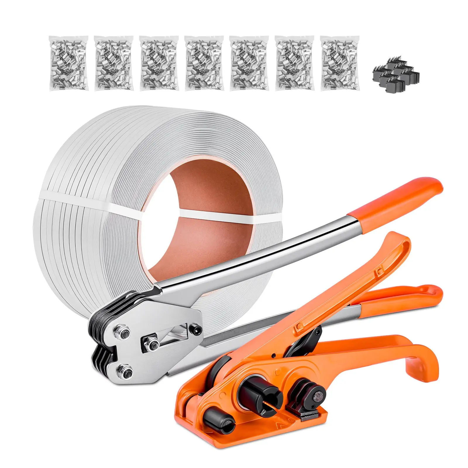 VEVOR Heavy Duty Tool Sealer + Bands Kit, 3200ft Length PP Strapping, 1000 Metal Seals, 50 Corner Protectors, Plastic Pallet Packaging Set for Warehouse Shipping