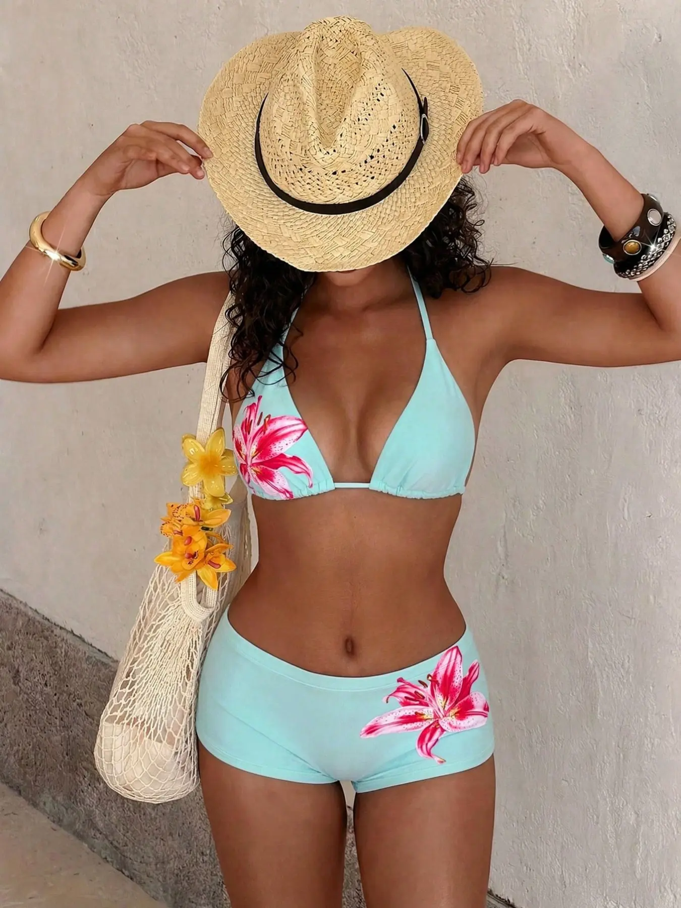 Vintage Floral Print Stretch Jersey Halter Triangle Tie Bikini Top & Boyshort Swim Bottom,Womens Flower Print Mid Waist 2 Piece Bathing Suit,Summer Beach Resort Vacation Poolside OOTD Swimsuit,Floral Bathing Suits,Breathable Quick Dry