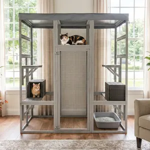 62.6" Wooden Catio for Cats, Large Cat Enclosure with Waterproof cover, 2 Napping House, Platforms & Galvanized Metal Wire – Secure Pet Cage Shelter