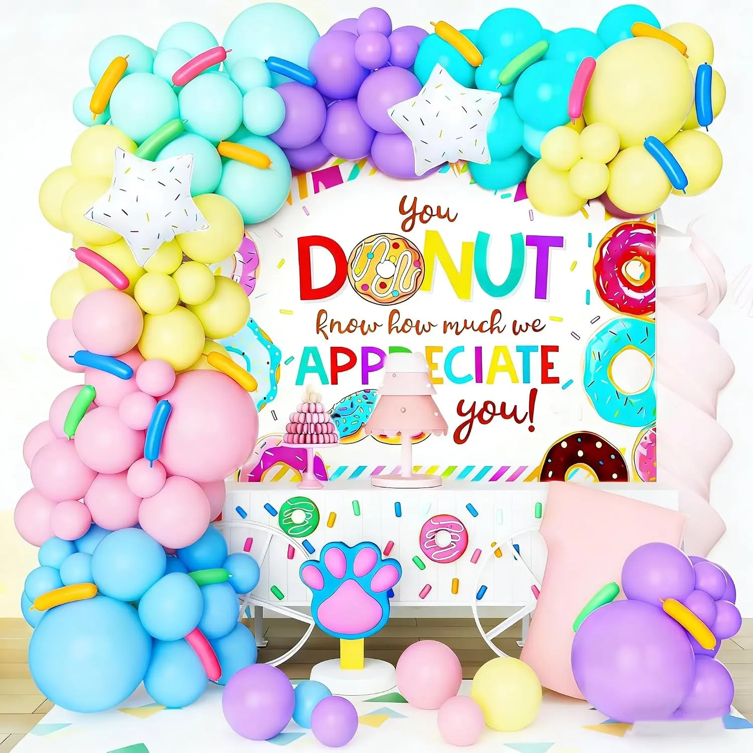 "Donut Forget Us" Fun Theme Party Backdrop Banner Set, Home & Festive Party Supplies for Going Away Farewell Retirement Career Change Events Decoration Ornaments