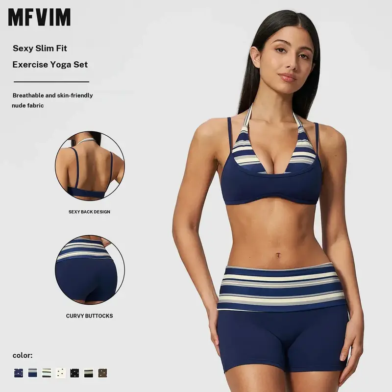MFVIM Women’s Color-Block Striped Halter Workout Set - 2-Piece Outfit with Halter Top, Bra, Shoulder Straps, Back-Enhancing Design, Folded Waistband, High-Stretch Sports Shorts, All Seasons, Travel Essentials