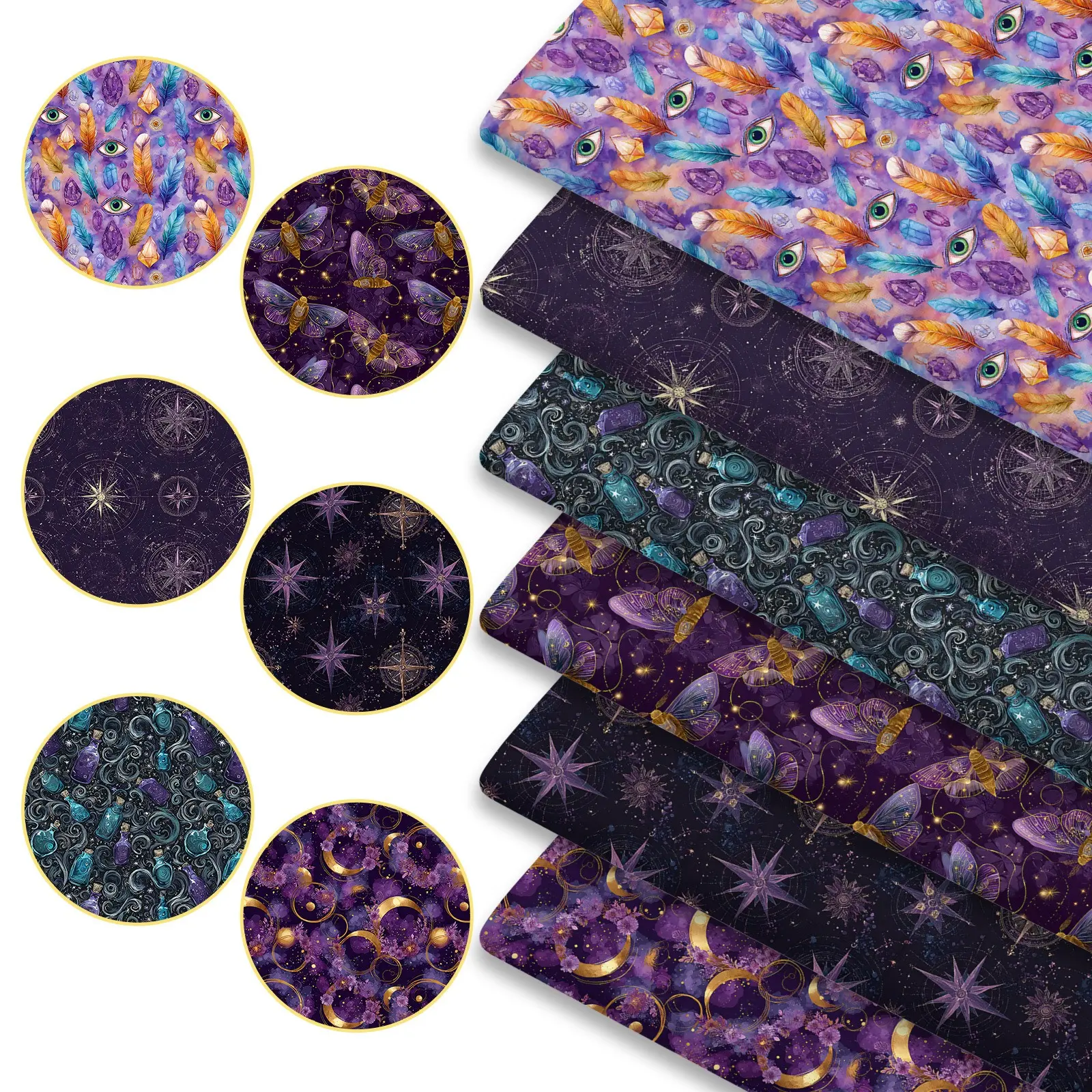 6pcs Celestial Boho Casual Fabric Bundles, 45cm*50cm/17.72in*19.69in Repeating Mystic Starry Sky Pattern Fabric Squares for Quilting, Patchwork DIY Sewing Material for Bedding, Tablecloth, Bags, Headbands, Pillowcases