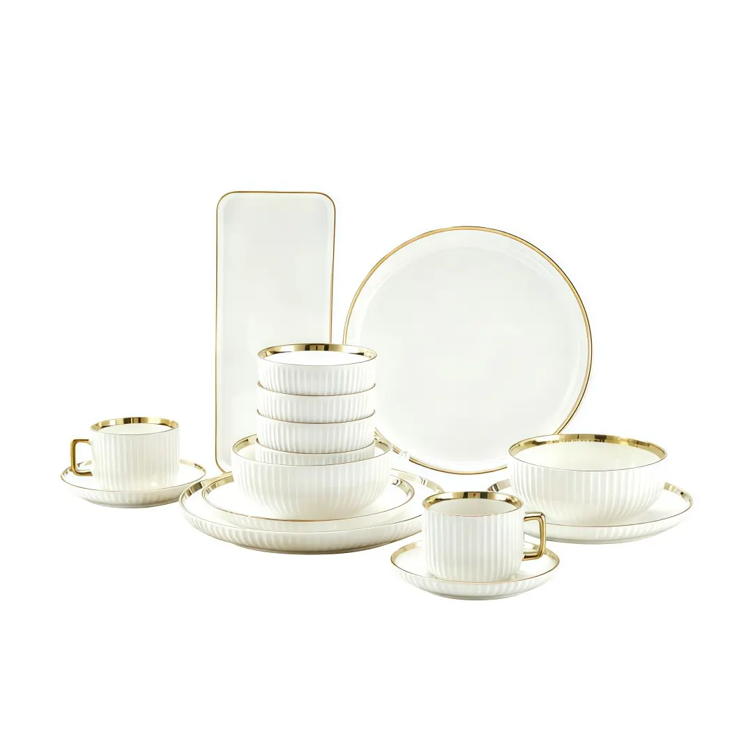 14-Piece Gold Rimmed Dinnerware Set, Porcelain Dinner Set, Includes Bowls, Plates, Cups & Saucers, Microwave and Dishwasher Safe, Ideal for Home, Weddings, Hotels