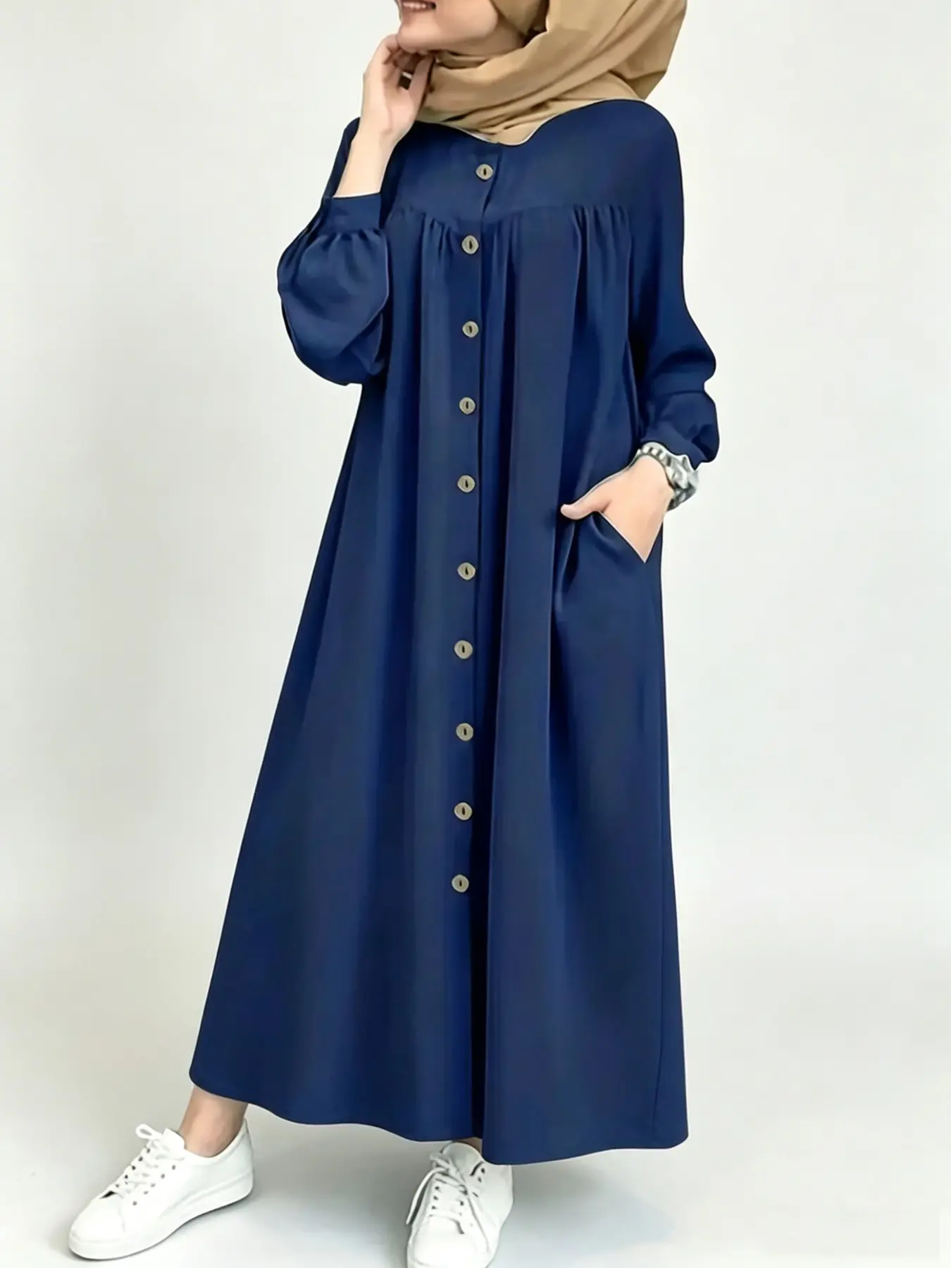 Women's Navy Gathered Yoke Button Front Casual Abaya, Muslim Clothing, Islamic Modesty Clothes, Modest Islamic Style, Loose Fit, Midi Length, Side Pockets, All Seasons
