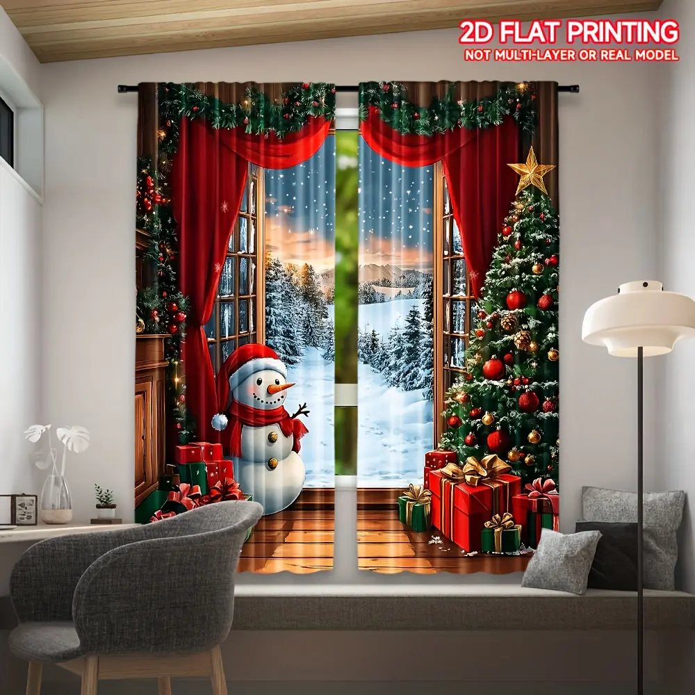 Cordless Fabric Roman Shade 2-Piece Set - Rustic Wooden Curtains with Christmas Tree, Santa Claus, Moonlit Patterns, Fir Branch Drapery, Honeycomb Hanger Rod Bracket Attachment for Winter Parties, Holiday Decor, Two Piece Set doorway window living room we