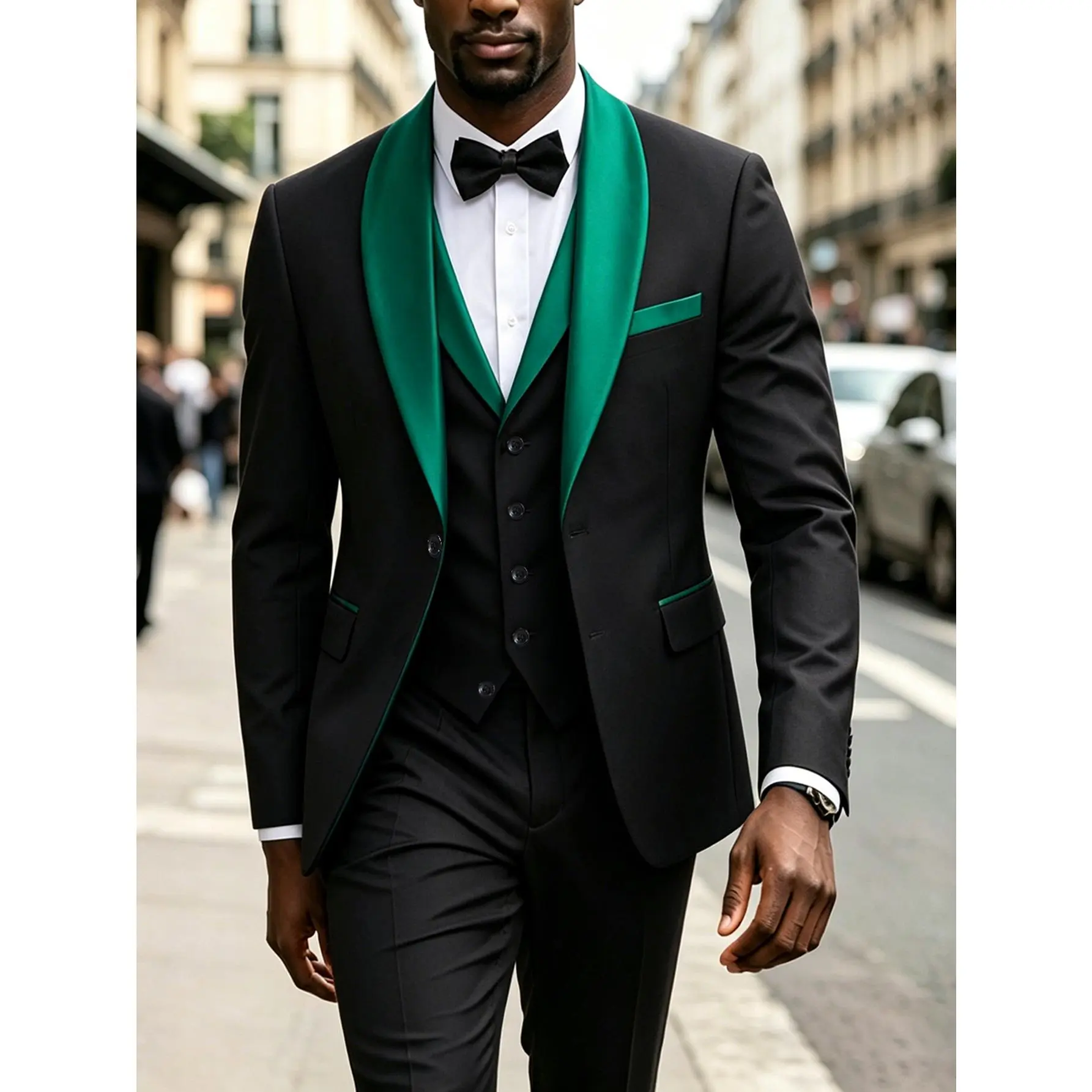 Men's 3-Piece Slim Fit Tuxedo Suit, Formal Menswear Set with Long Sleeve Shawl Lapel Blazer, Vest & Pants for Wedding & Prom, Formal Wear, Chic, Fitted, Button