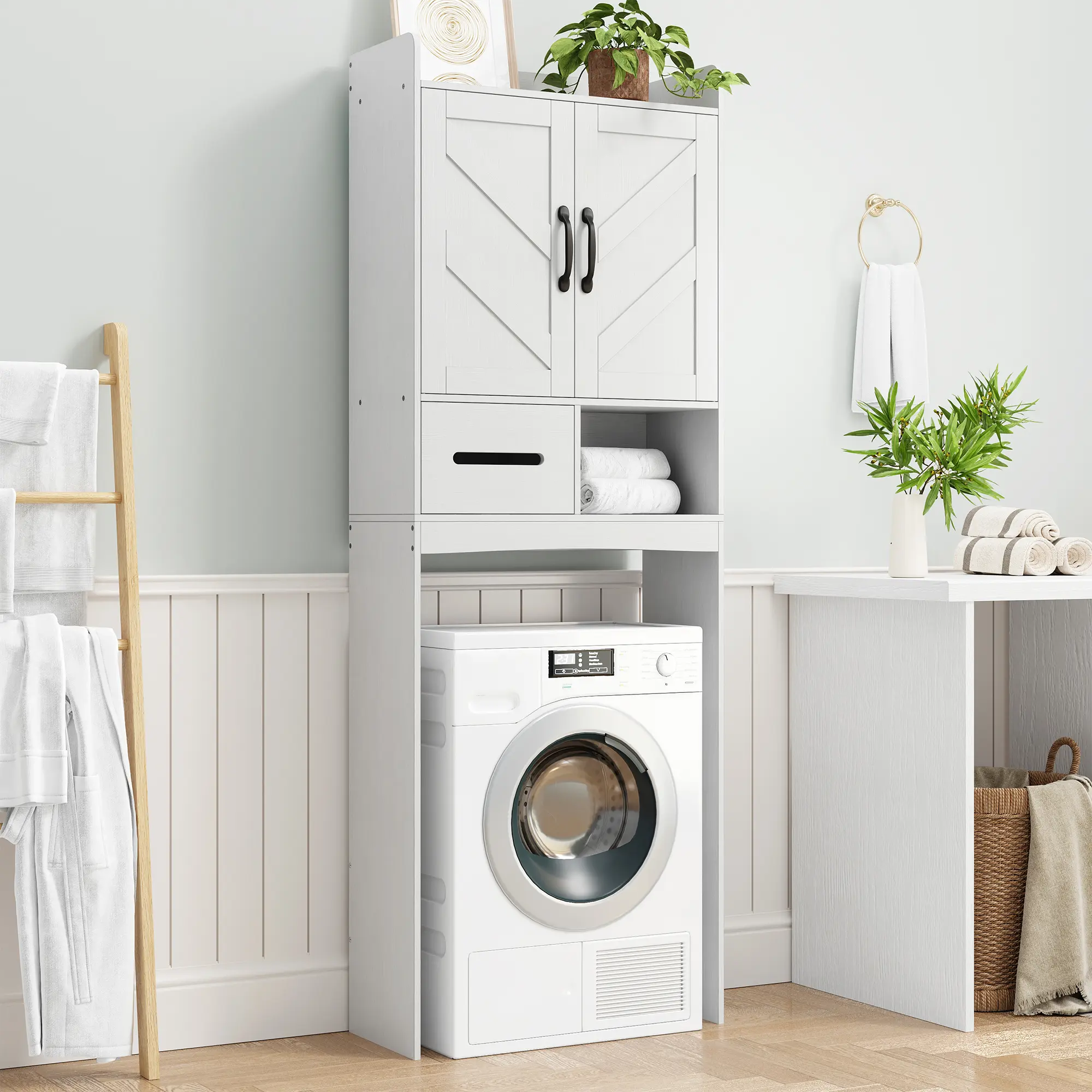 Space-Saving Over-the-Toilet Storage Cabinet, Wooden Bathroom Organizer with Adjustable Shelf & Cabinet Doors, Modern White Textured Freestanding Rack, Multipurpose Furniture for Bathroom & Laundry Room